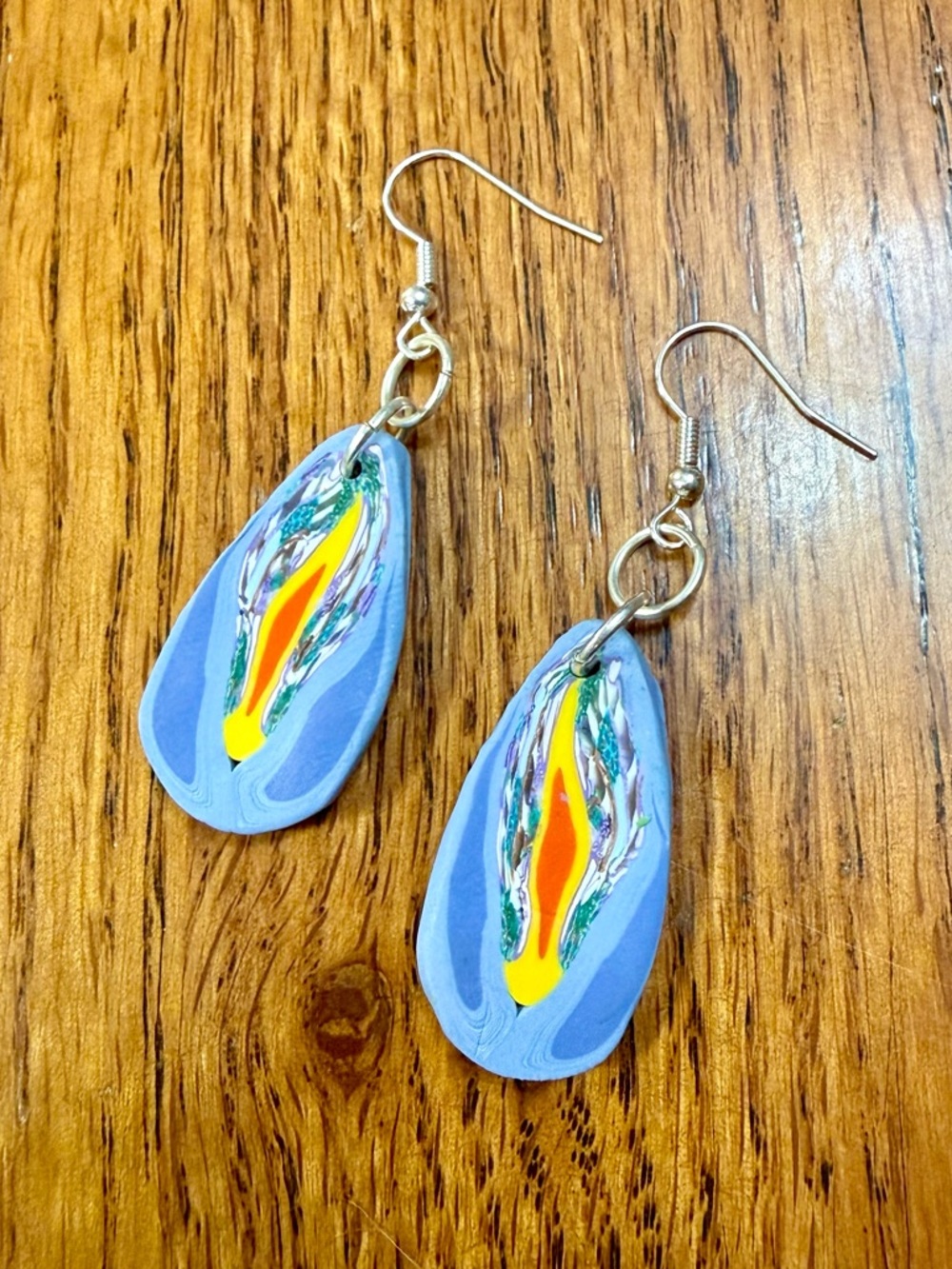 Handmade Polymer Clay Blue Teardrop Earrings with Yellow & Orange Accent